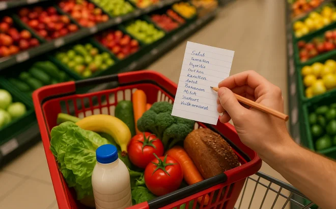 Person schreibt Einkaufsliste vor dem Wocheneinkauf im Supermarkt