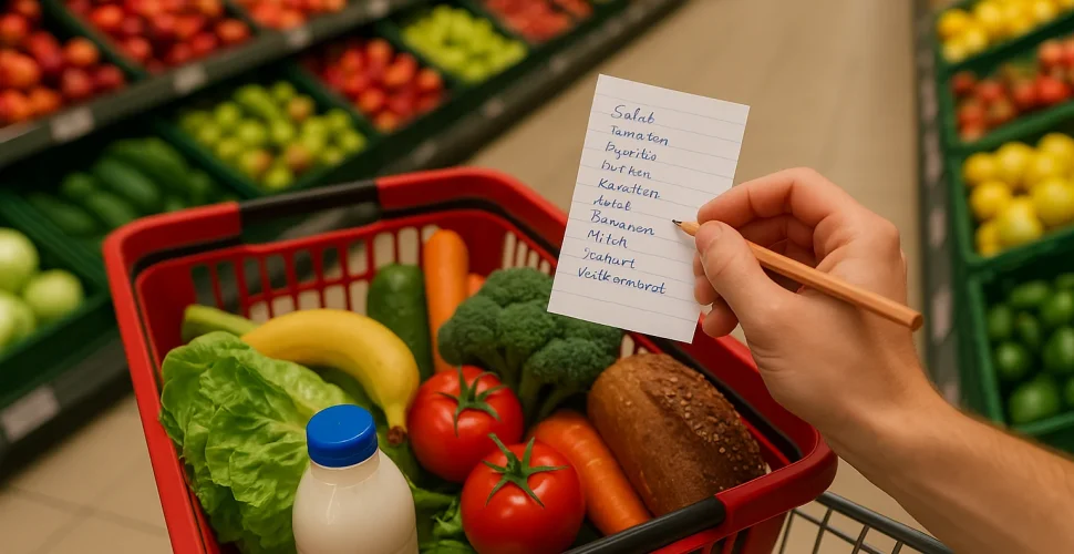 Person schreibt Einkaufsliste vor dem Wocheneinkauf im Supermarkt