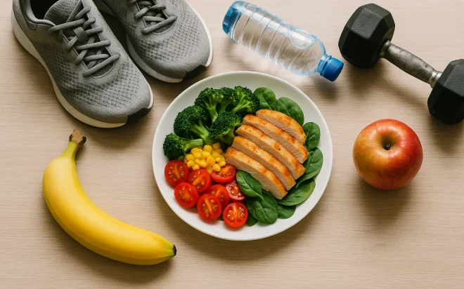 Sportler mit gesunden Lebensmitteln wie Obst, Gemüse und Proteinen